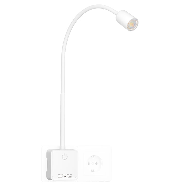 Plug In LED Reading Light, Flexible Wall Sconce Light with Power Plug for Books in Bed, Touch Dimmable and 3 Color Modes, 50° Spot Lighting, Bedside Lamp with USB Output Charging Port