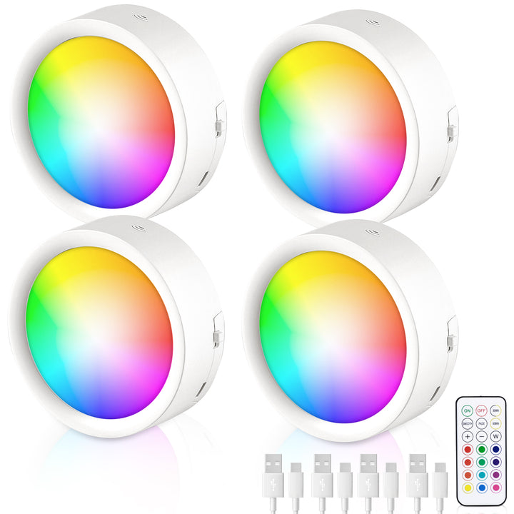 Remote Control LED Puck Lights, 4 Pack Rechargeable LED Under Counter Lights with Functional Remote Control