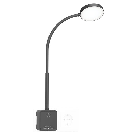 Plug In LED Reading Light, Flexible Wall Sconce Light with Power Plug for Books in Bed, Touch Dimmable, 3 Color Modes, 110° Wide Lighting Angle, Bedside Lamp with USB Output Charging Port