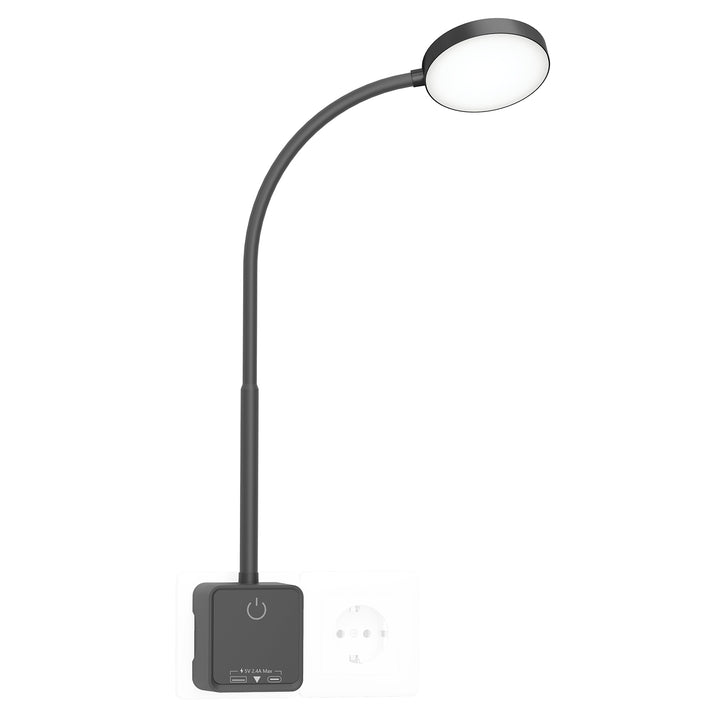 Plug In LED Reading Light, Flexible Wall Sconce Light with Power Plug for Books in Bed, Touch Dimmable, 3 Color Modes, 110° Wide Lighting Angle, Bedside Lamp with USB Output Charging Port
