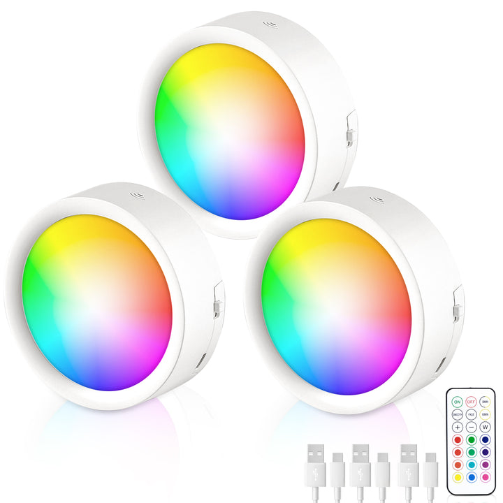 Magnetic LED Under Cabinet Lights, 3 Pack Rechargeable LED Puck Push Light with Wireless Remote Control