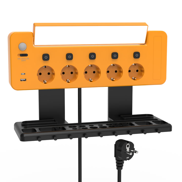Wall Mounted Power Outlet Strip with LED Light and Tool Organizer, Include 5X Type F Power Sockets