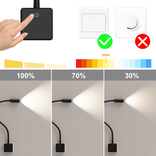 Plug In Dimmable LED Wall Reading Light, Flexible LED Bedside Wall Spot Lamp with Outlet Power Socket Plug