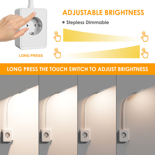 LED Wall Reading Light with Power Plug and Outlet Socket, Touch Dimmable Bedside Plug In LED Wall Lamp