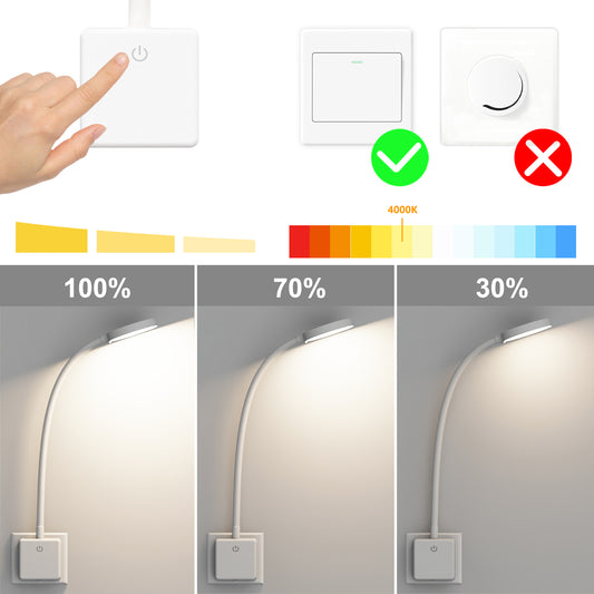 Dimmable Plug In LED White Wall Light, Flexible Bedside Reading Lamp with Outlet Power Plug