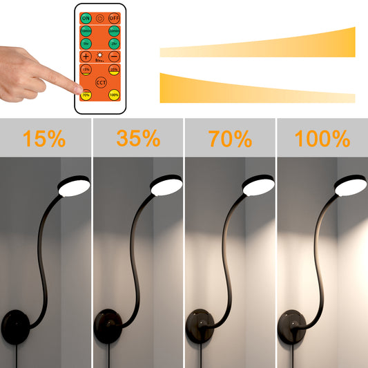 LED Wall Mounted Reading Light with Gooseneck and Remote Control for Books in Bed, USB Operated Bedroom Wall Lamp