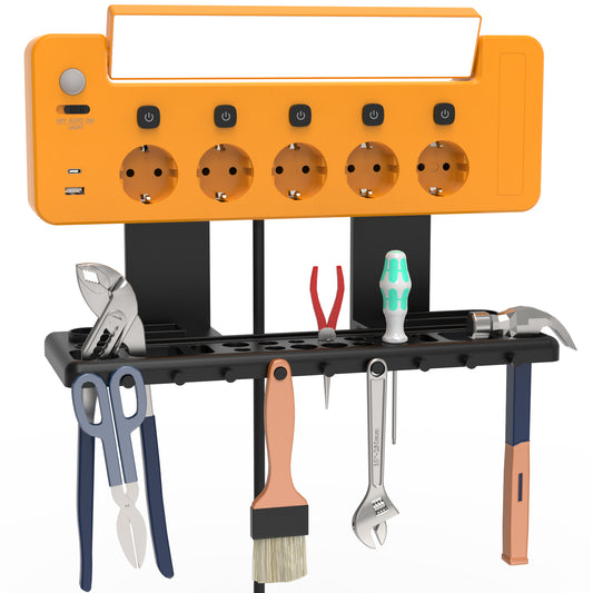 Wall Mounted Power Outlet Strip with LED Light and Tool Organizer, Include 5X Type F Power Sockets