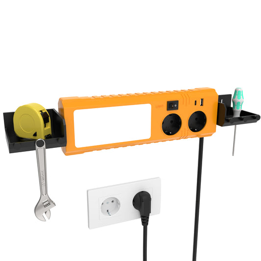 Wall Mounted Power Outlet Strip with LED Light and Tool Holder, 2X Power Sockets
