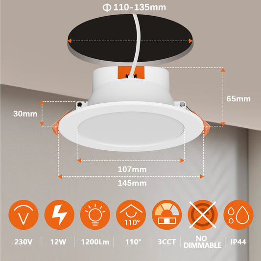 12W Large Recessed LED Downlights, Bathroom LED Recessed Ceiling Lights, Lighting Color Adjustable, IP44