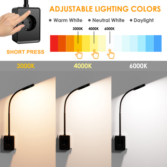 Plug In LED Wall Reading Light with Extension Outlet Socket and Charging Ports, Bedroom Wall Lamp