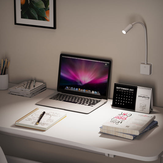 Plug In White Dimmable LED Bedside Wall Reading Light, Swing Arm Flexible Gooseneck LED Nightstand Lamp