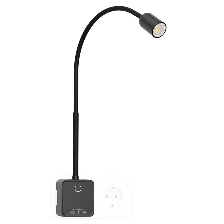Plug In LED Wall Reading Light for Books in Bed, Dimmable LED Black Flexible Bedside Wall Lamp with Power Plug, 3 Lighting Color Modes, 50° Spot Beam Angle, USB Output Charging Function